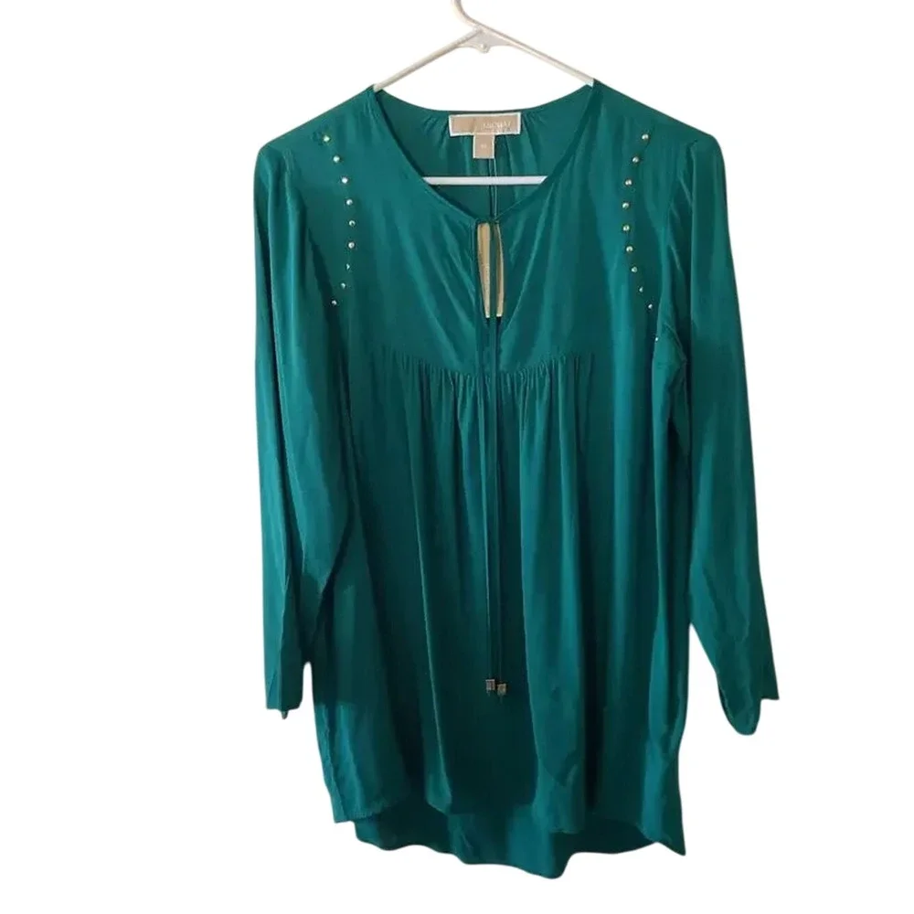 Michael Michael Kors Teal Peasant Blouse XS NWT Boho Top Gold Stud Detail Retro